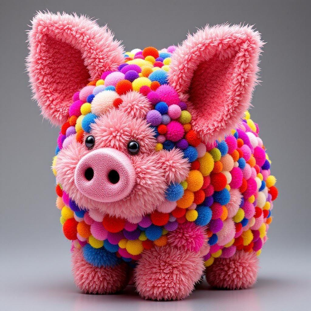 Fluffy Pom Pom Pig Sculpture in Animated Style