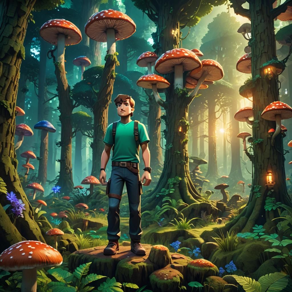 Steve from Minecraft in a Lush Forest