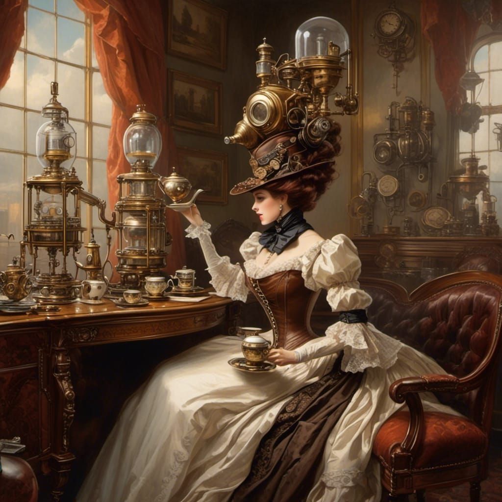 Victorian Steampunk Gynoid Taking Tea