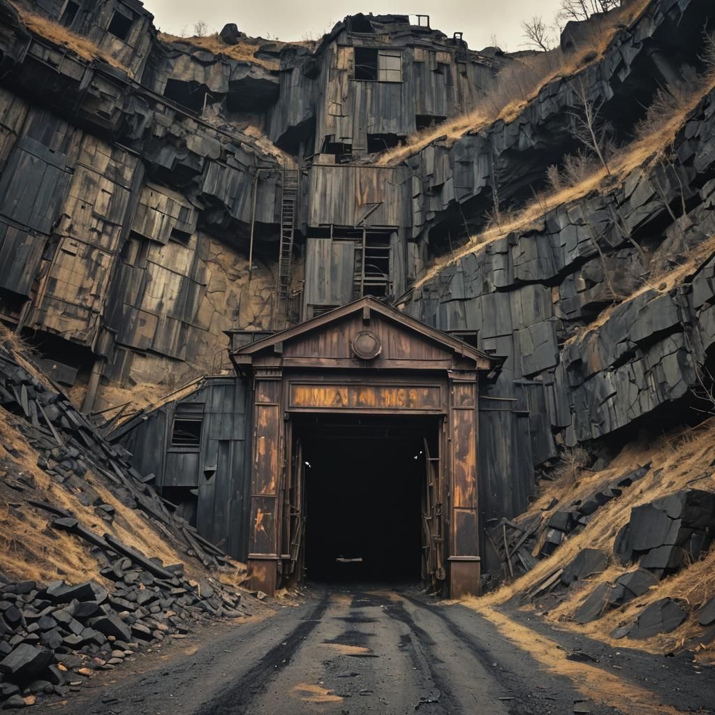 Ominous Abandoned Coal Mine Entrance in Film Noir