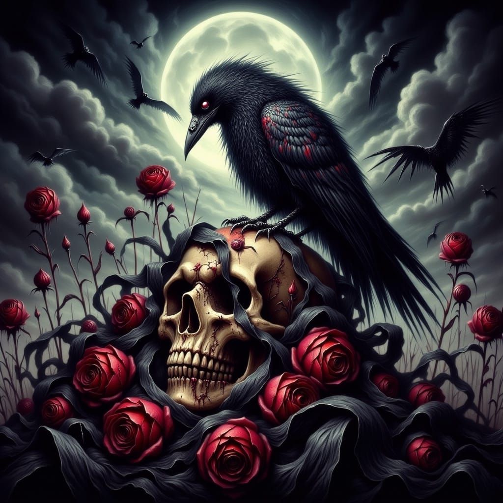 Raven Perched on Skull in Dark Fantasy Style