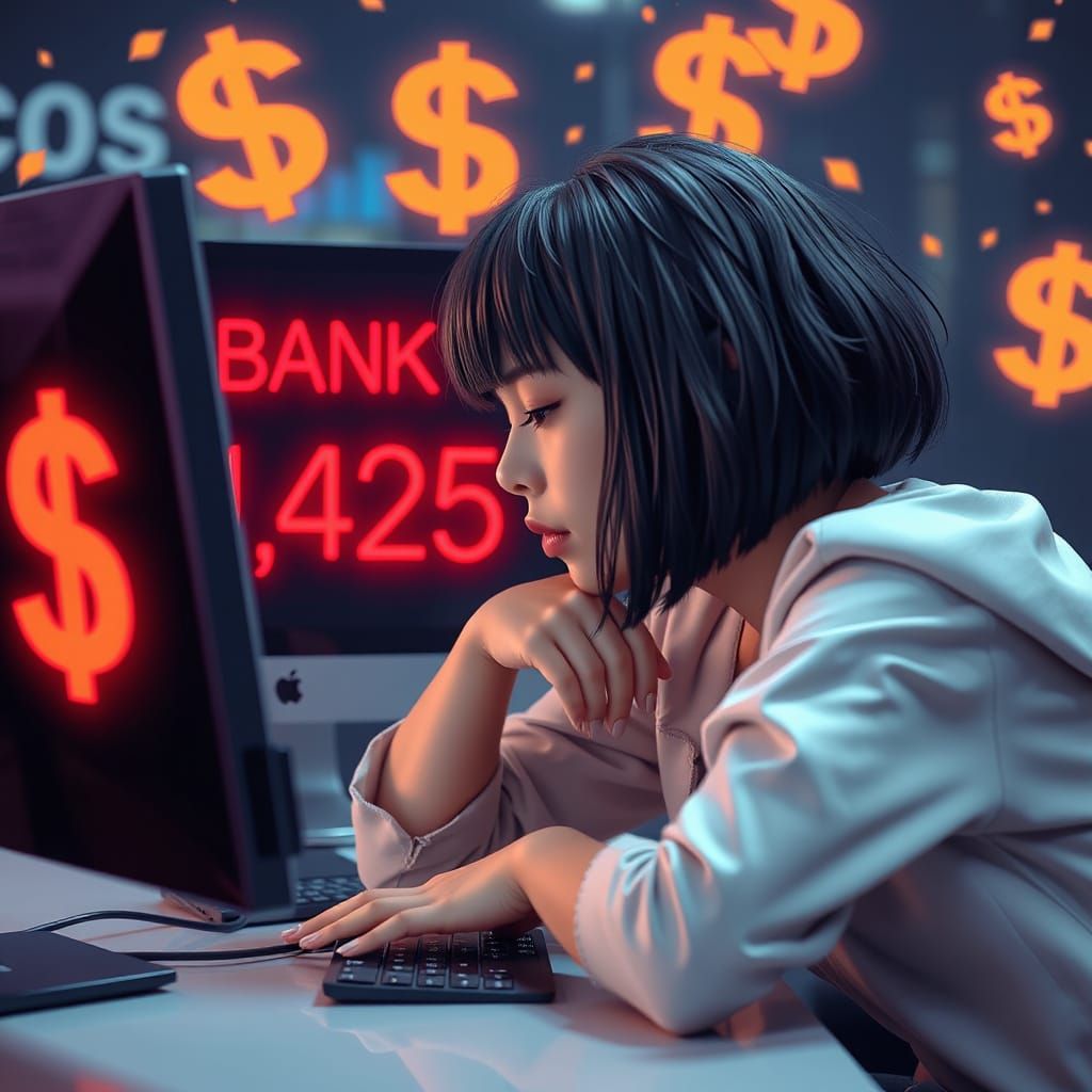 Woman Overwhelmed by Financial Woes in a Futuristic World