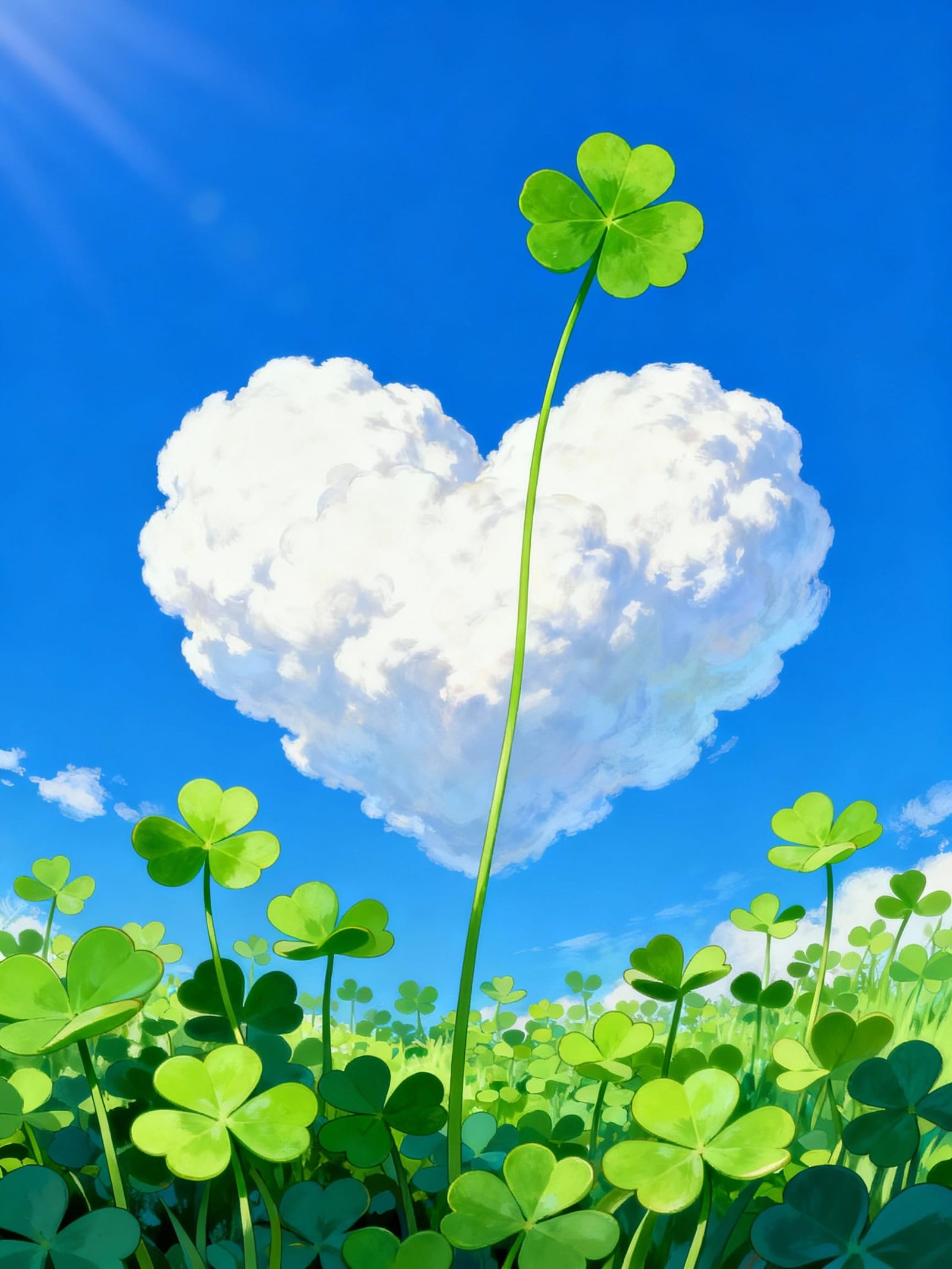 Heart Cloud Above Clover Field in Radiant Digital Painting