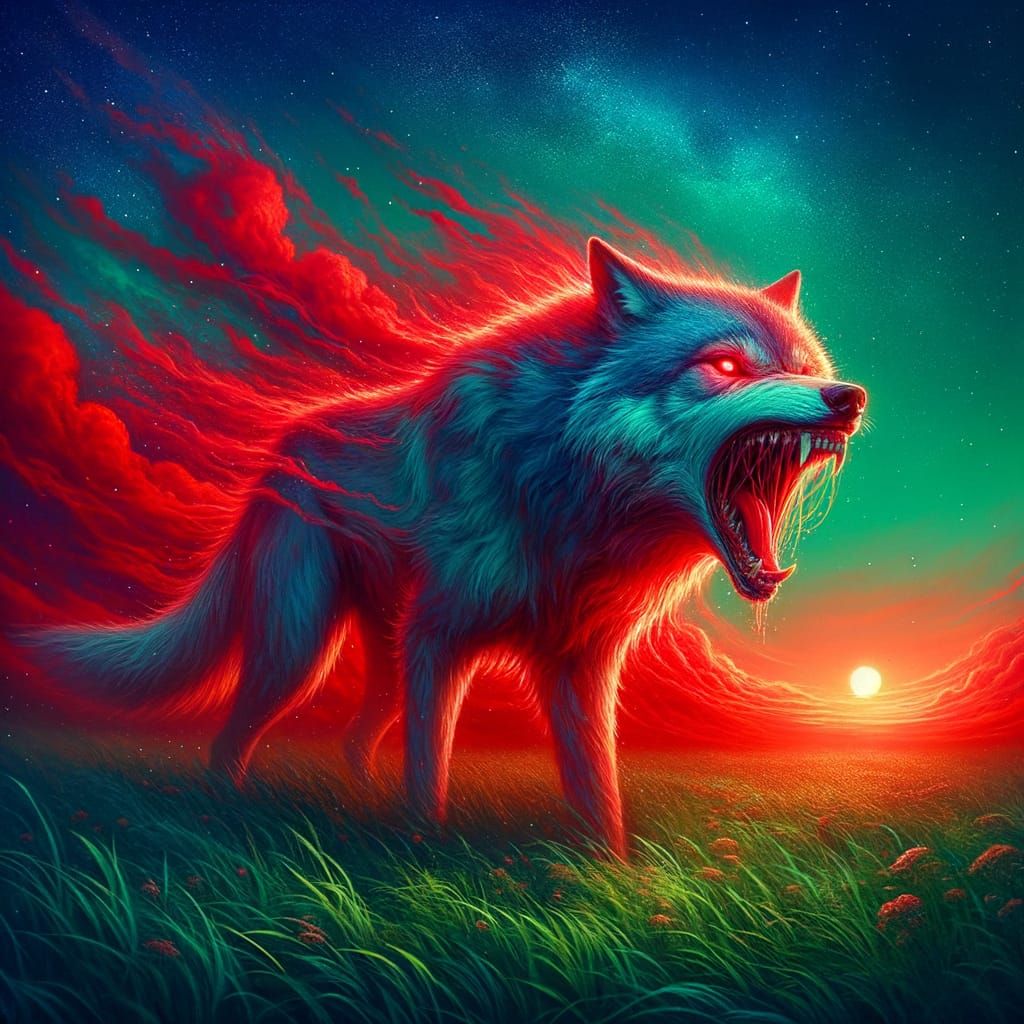 Majestic Gray and Red Wolf Under Starry Sky