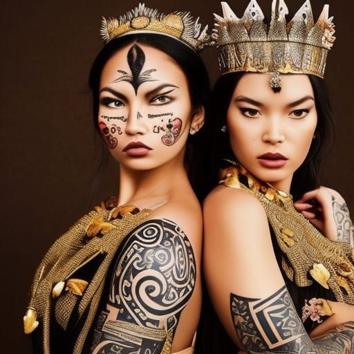 Maori Women in Haka Dress with Face Tattoos