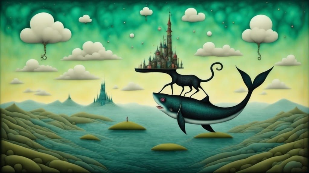 Samurai Cat Rides Shark in Surreal Dali Style