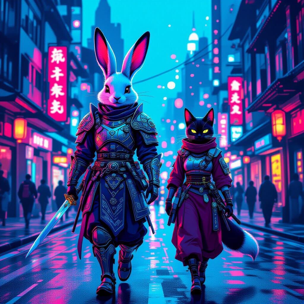 Neon Celtic Rabbit Fox and Cat Ninja in Futuristic City