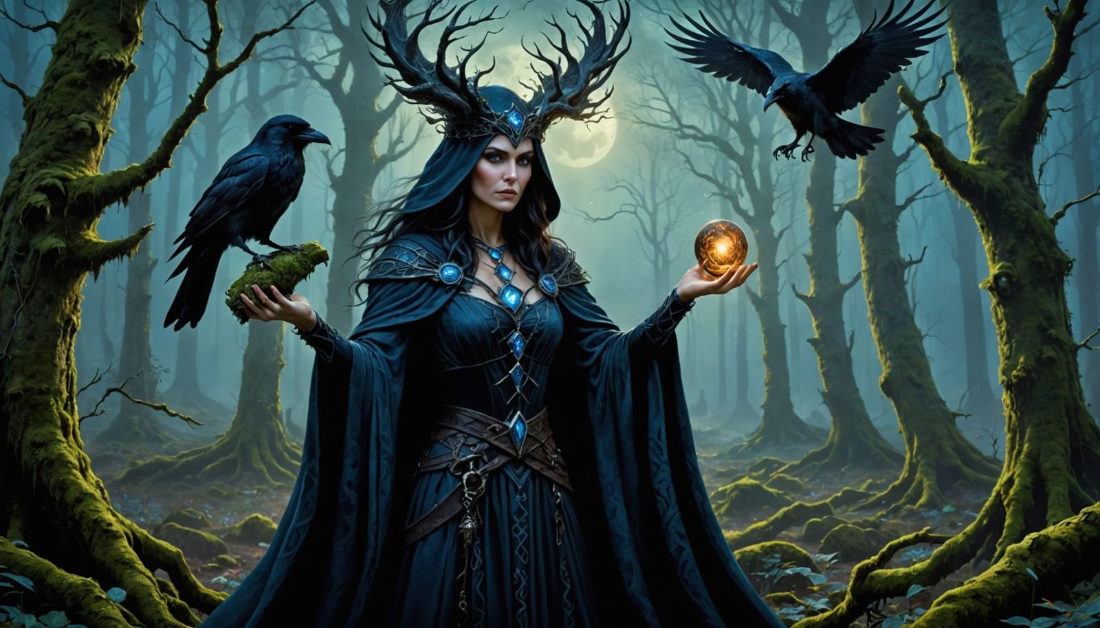 Forest Witch Casting Spell with Spectral Raven