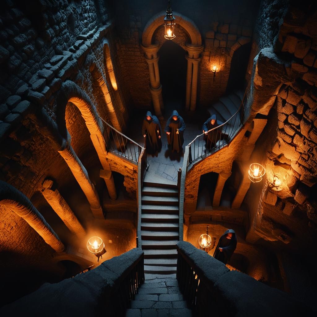 Medieval Priests with Torches in Temple Dungeon