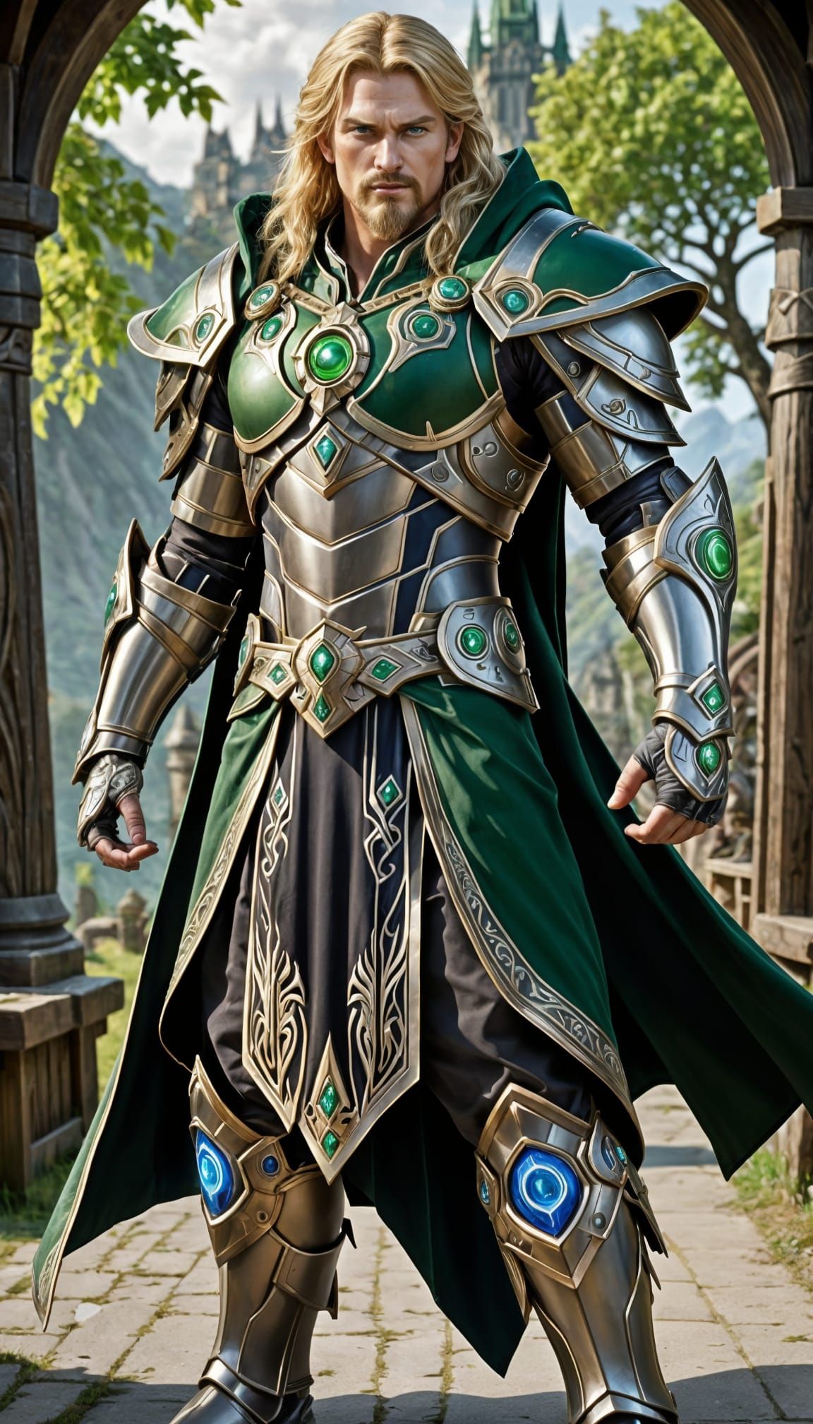 Mighty Armored Human with Green Eyes in Fantasy Style