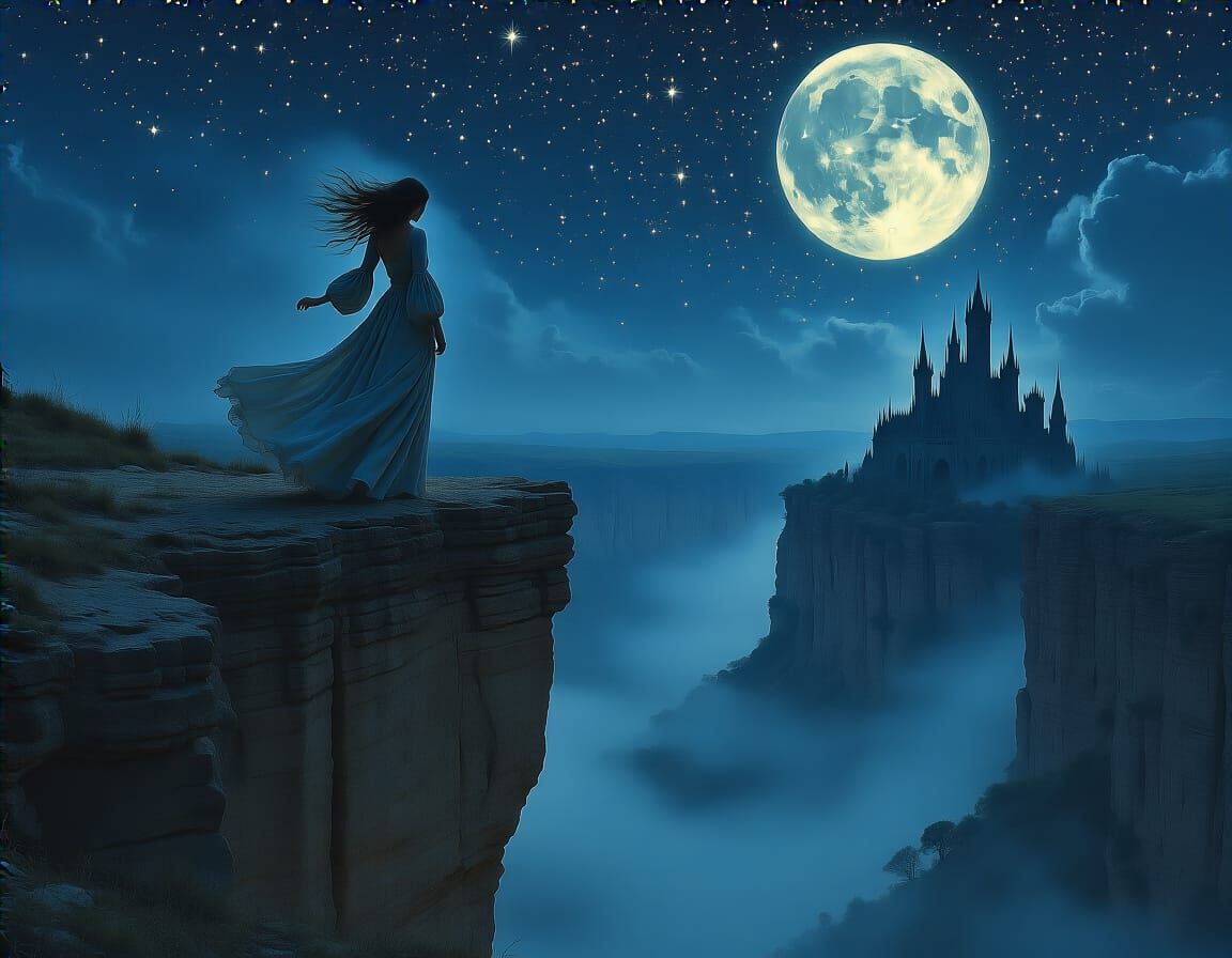 Ethereal Woman Gazes at Moonlit Canyon