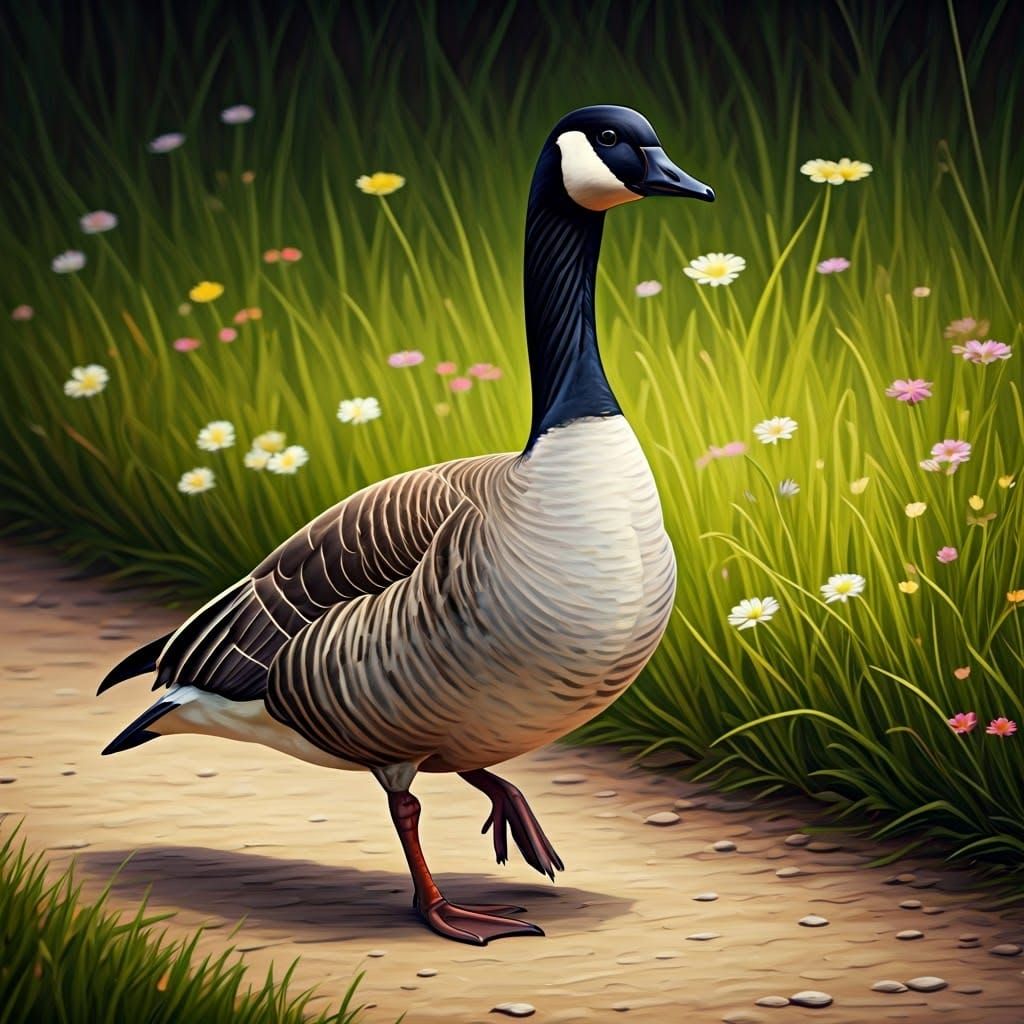 Vibrant Male Goose Wades Through Wildflowers