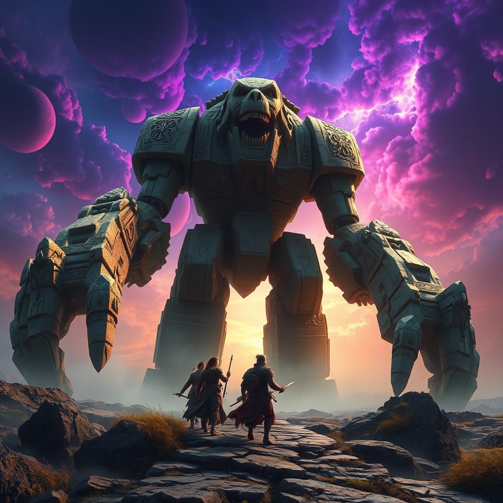 Stone Robot Captures Adventurers in Fantasy Landscape