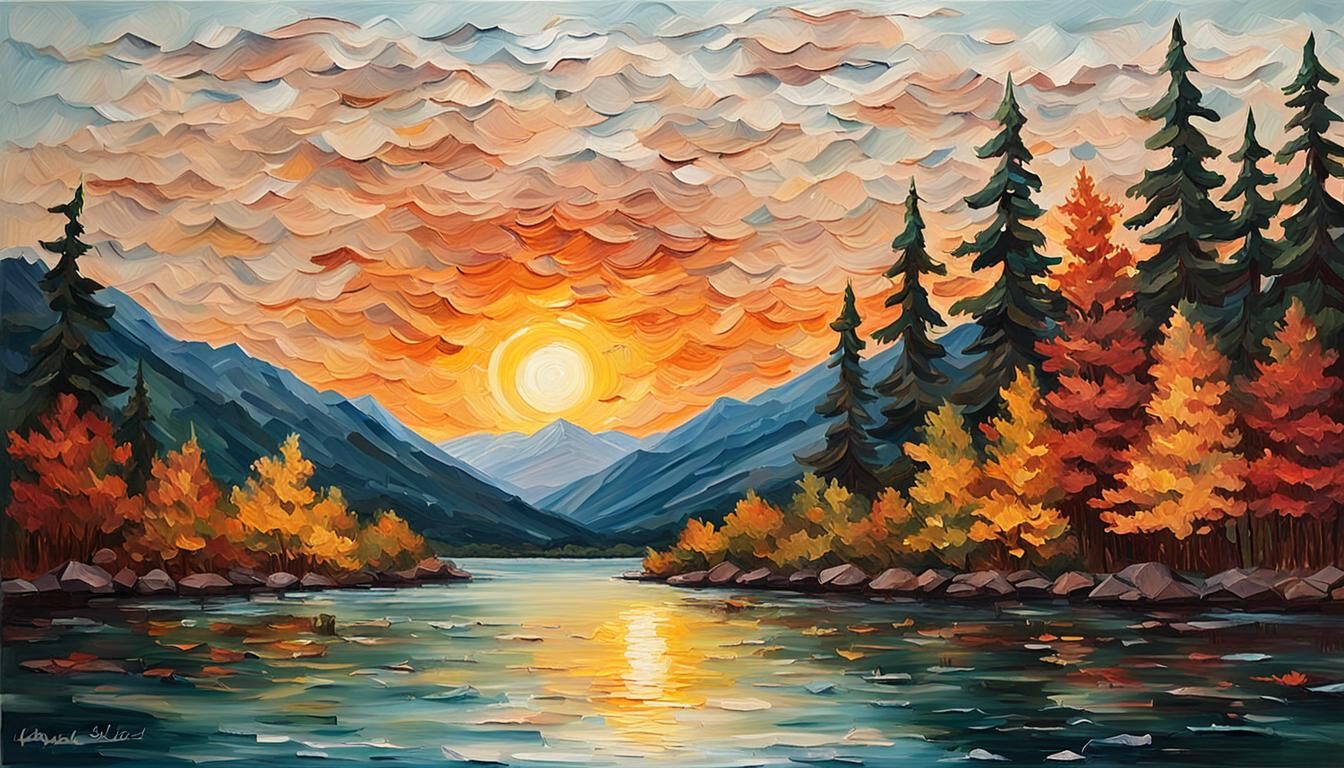 Forest Landscape with Lake: Impasto Painting