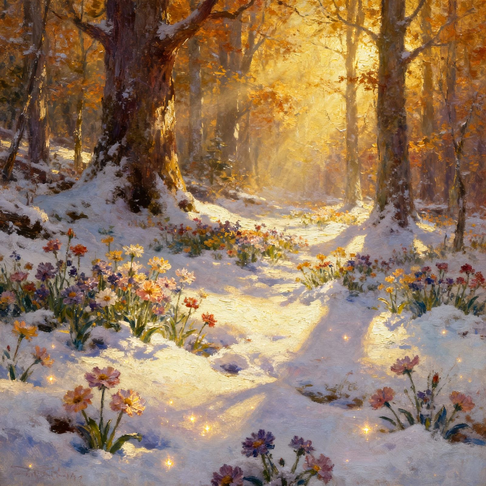 Snowy Forest Blooms Bathed in Autumn Sunbeams