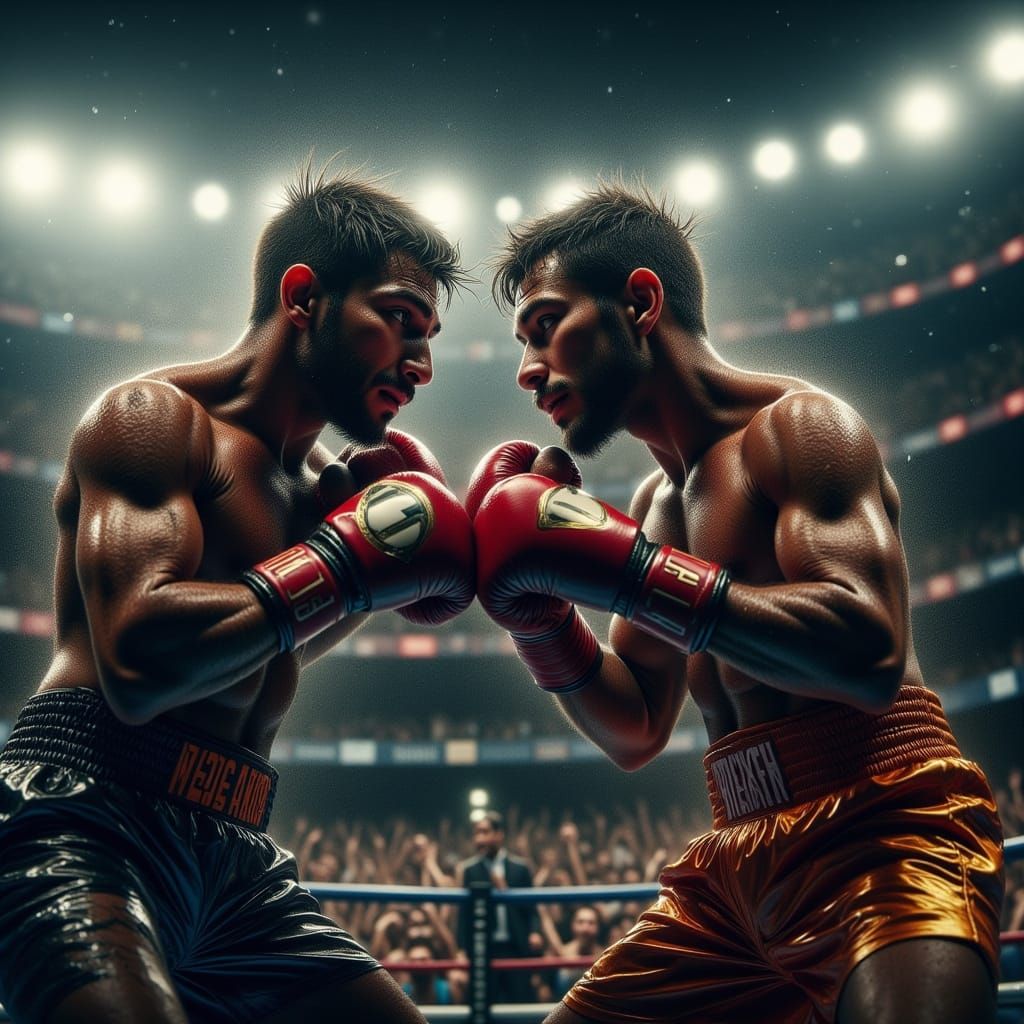 Intense Ringside Boxing Match in Hyperrealism Style