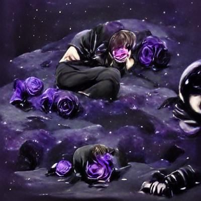 Purple Boy Crying with Black Roses in Space