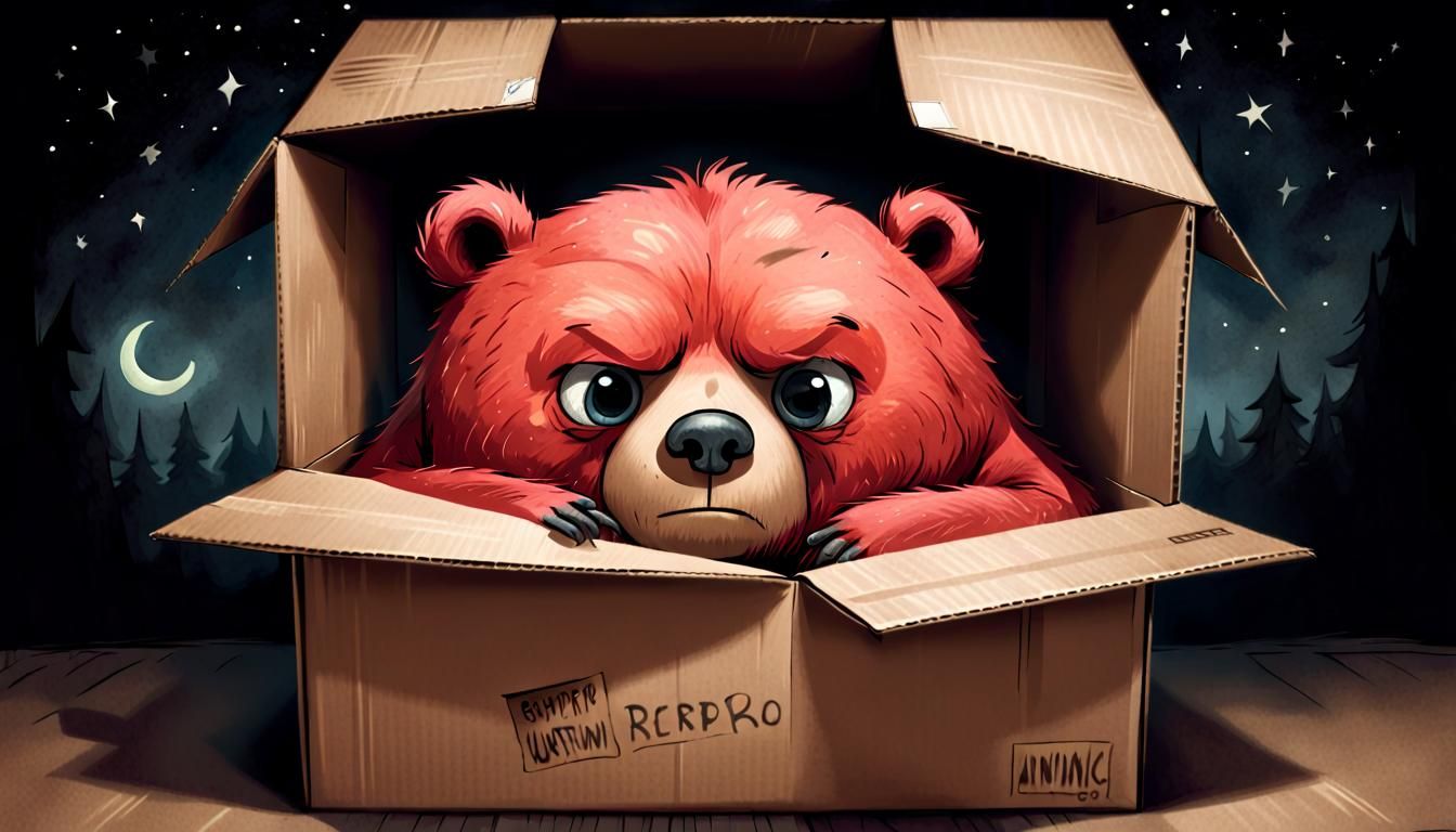Grumpy Red Bear Seeks Rest in Cardboard Box