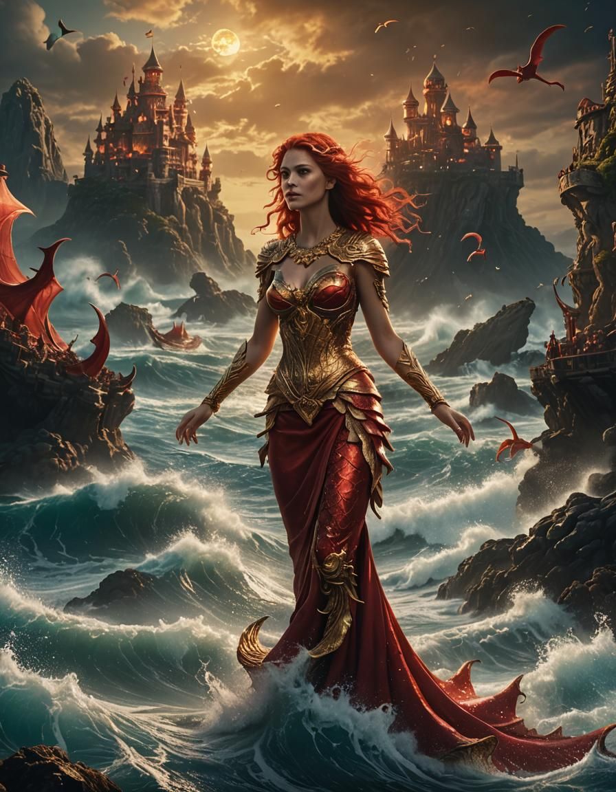 Red-Haired Mermaid Emerges from Magical Sea