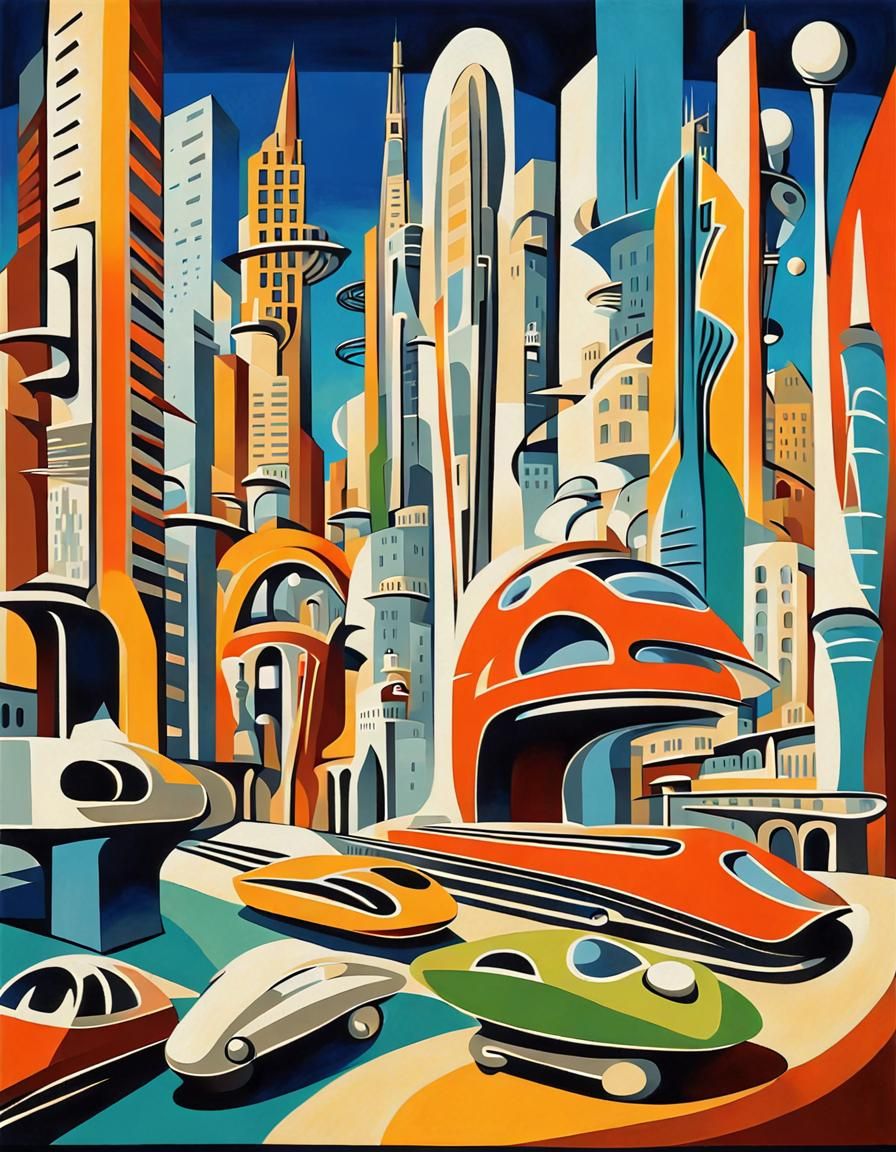 Retrofuturistic Art Deco Cityscape with Complex Infrastructu...