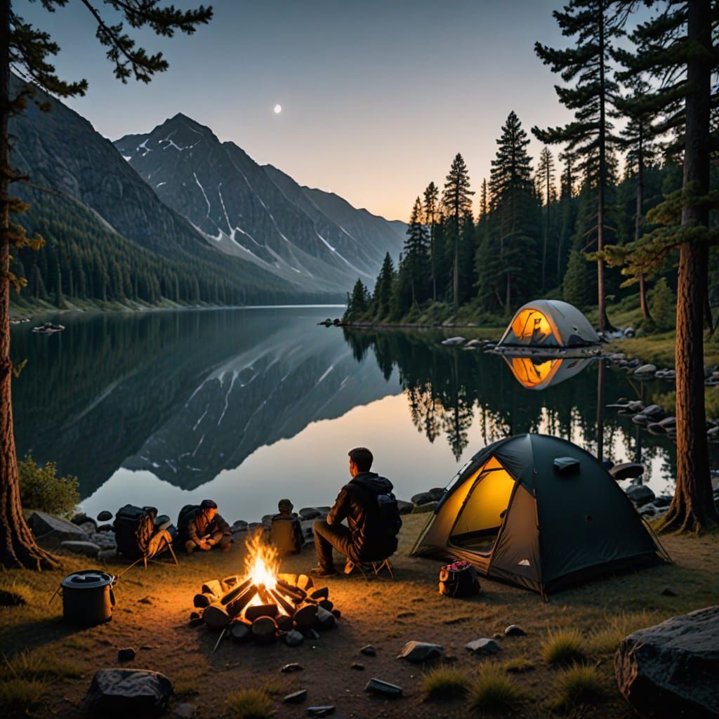 Camping by a Lake: Men in Black