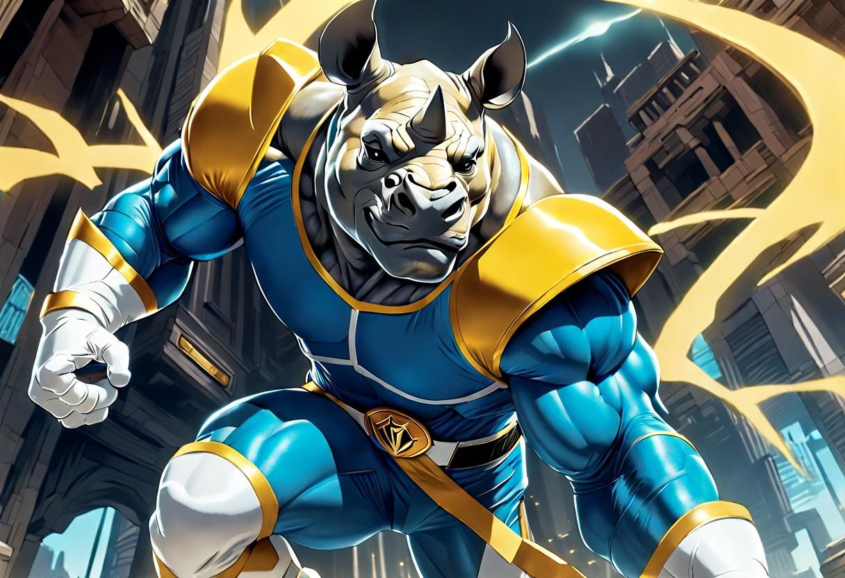 Muscular Rhino Ranger in Ancient Desert City