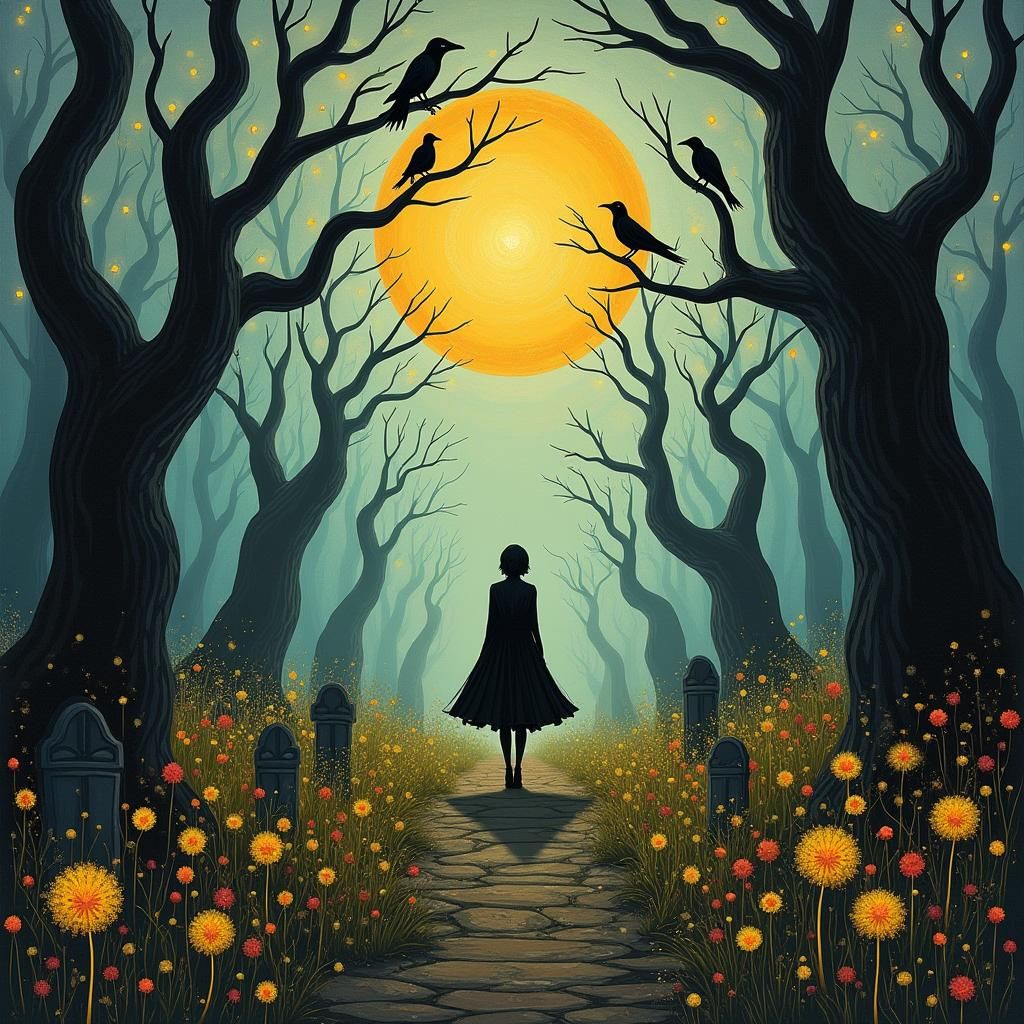 Halloween Dreamscape: Cubist Dandelions in Grayscale