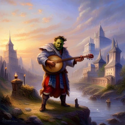 Orc Bard Plays Lute in Medieval City
