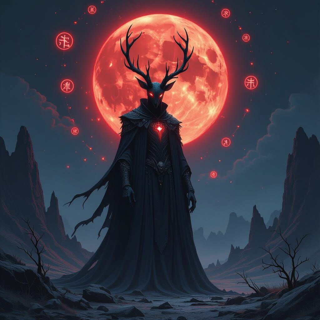 Eldritch God of Creation with Deer Features Under Blood Moon
