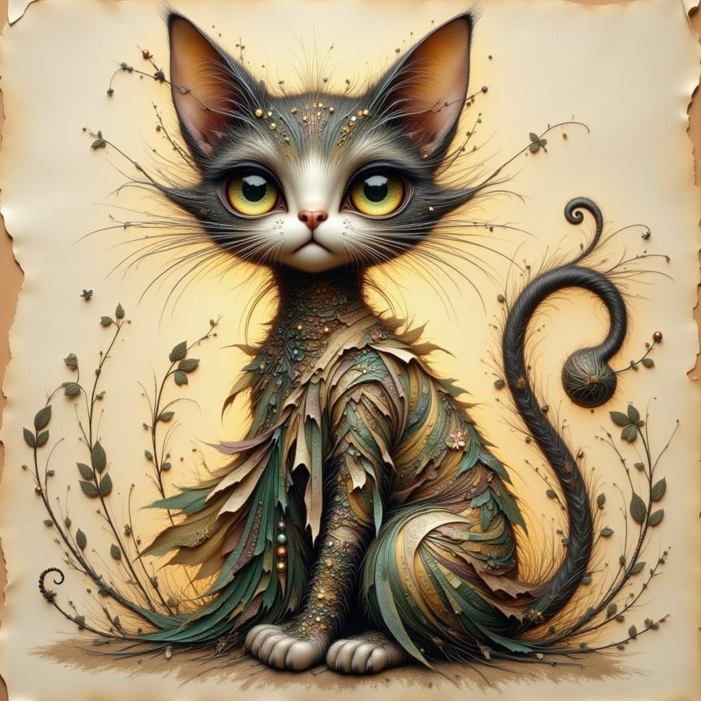 Whimsical Wizard Cat Collage on Aged Parchment