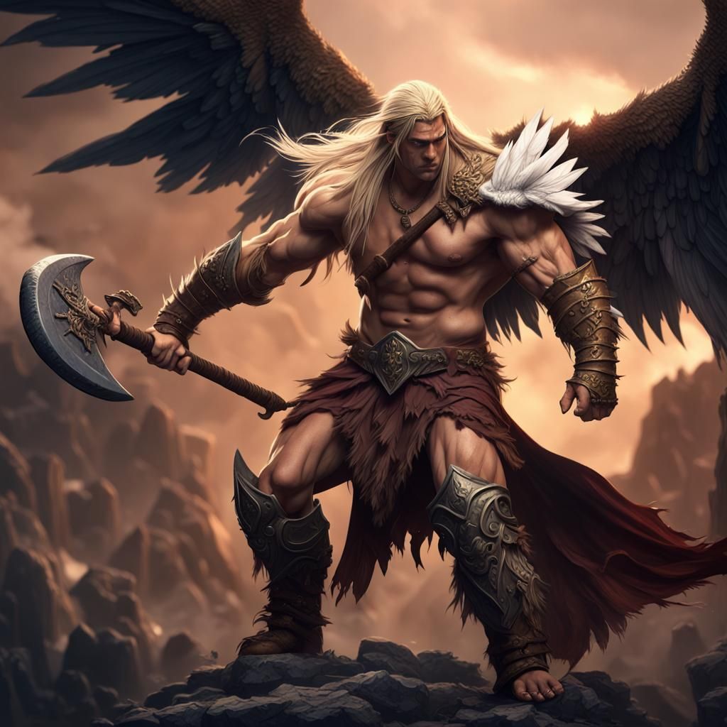 Winged Barbarian Warrior with Axe, Fantasy Concept Art