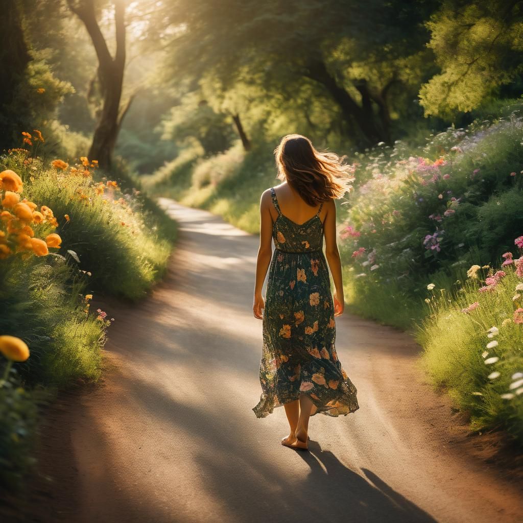 Woman on Winding Road: Travel Photography in Golden Hour