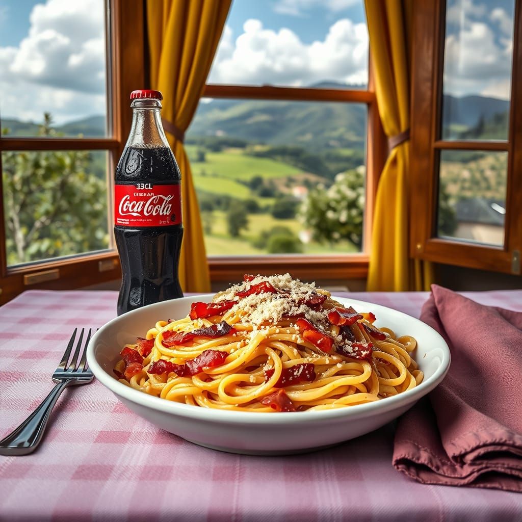 Hyperrealistic Carbonara and Coca-Cola Still Life