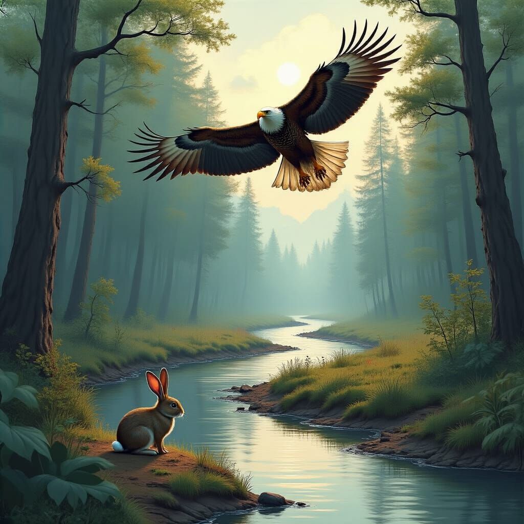Eagle Above River, Audubon-Style Wildlife Scene