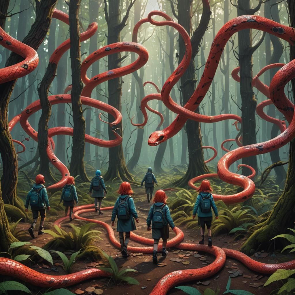 Mosaic Dolls Escape Multi-Headed Snake in Forest