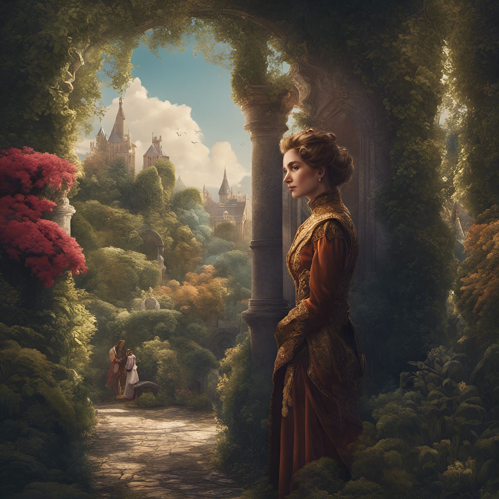 Prince Spying on Maiden in Garden, Fantasy Art