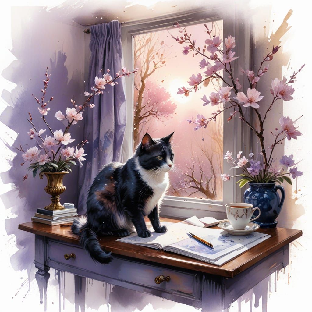 Tuxedo Cat on Drafting Desk at Dawn: Watercolor