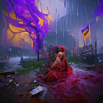 Mother and Child with Bloody Tears in Storm