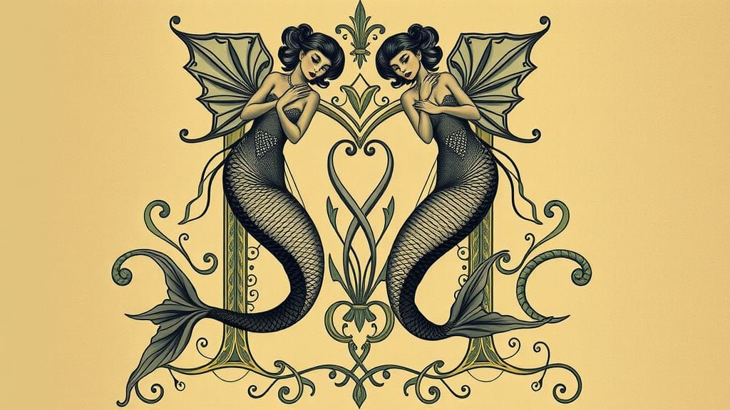 Mermaids in Illuminated Initial, Art Deco Style