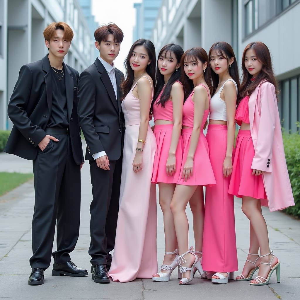 Six-Member K-Pop Group in Vibrant Urban Setting