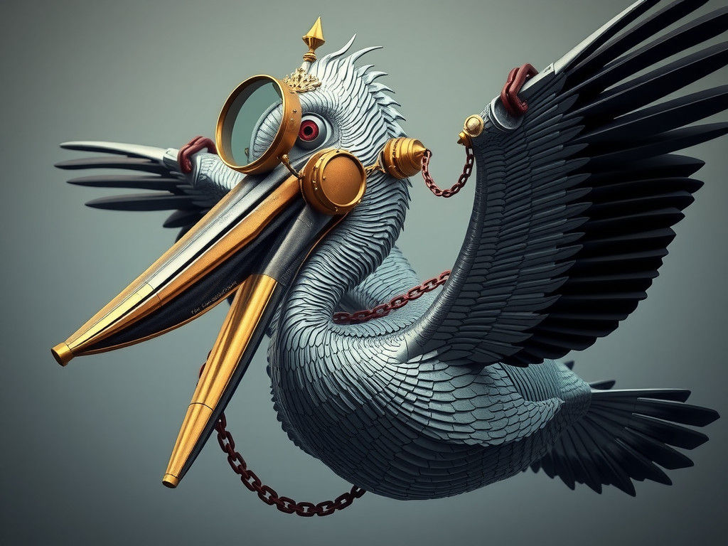 Royal, larger-than-life pelican, crafted from intricately detailed, heavy metal panels, decorated with gleaming brass ac...