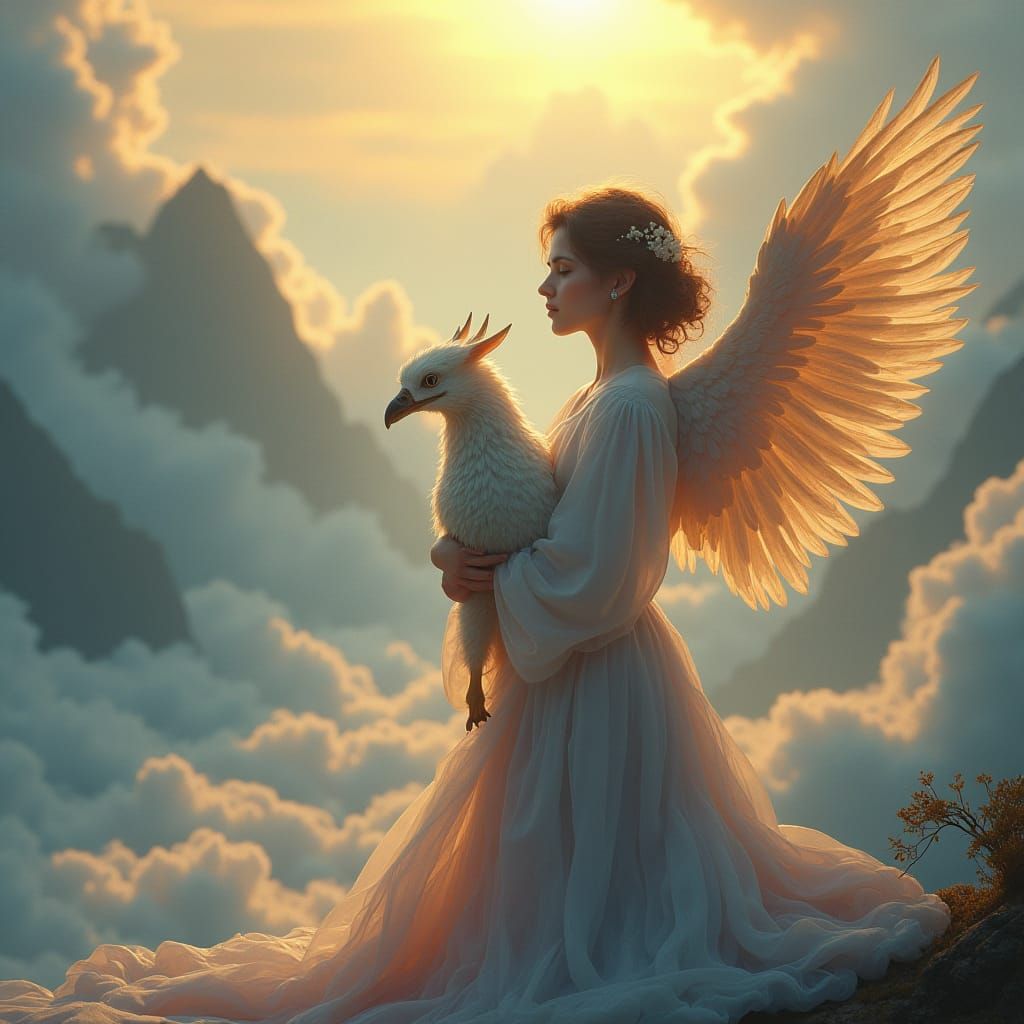 Serene Woman with Winged Creature: Matte Painting