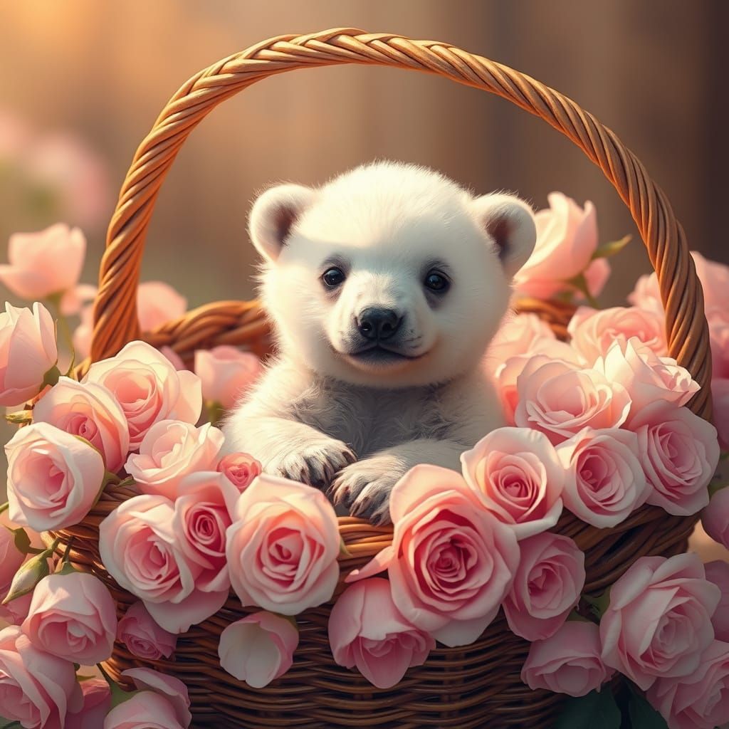 Polar Bear Cub in Roses, as Oil Painting