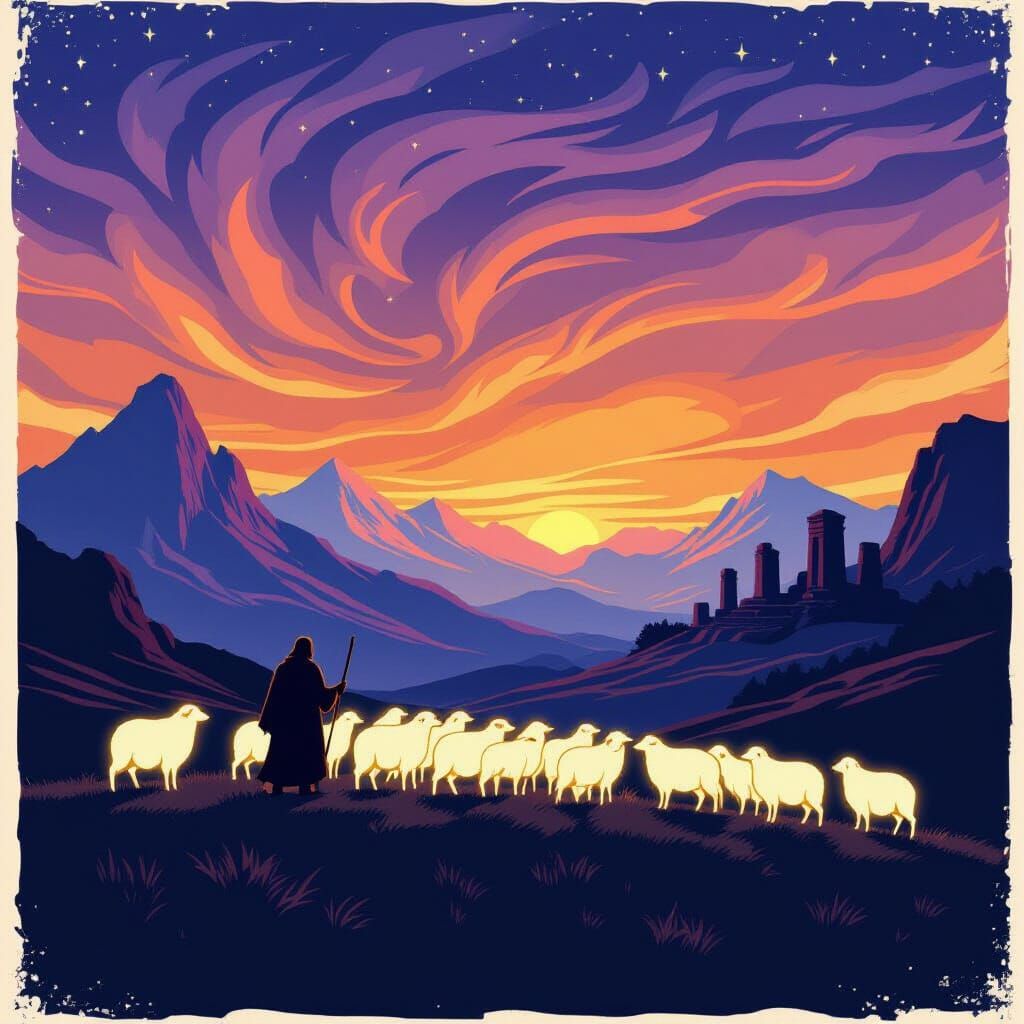 Shepherd Guides Glowing Sheep Across Dreamlike Mountains at ...