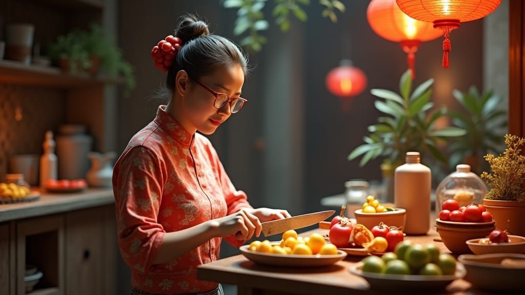 Hyperrealistic Portrait of Chinese Mother in Kitchen
