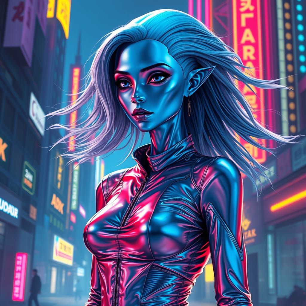 Futuristic Alien Woman in Neon Cityscape