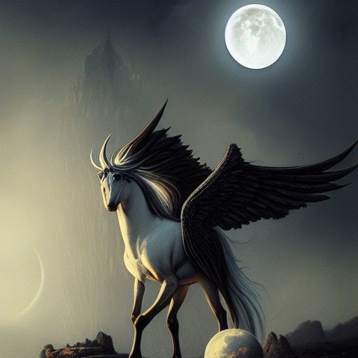 Eldritch Pegasus Against Sinister Moon, Fantasy Art