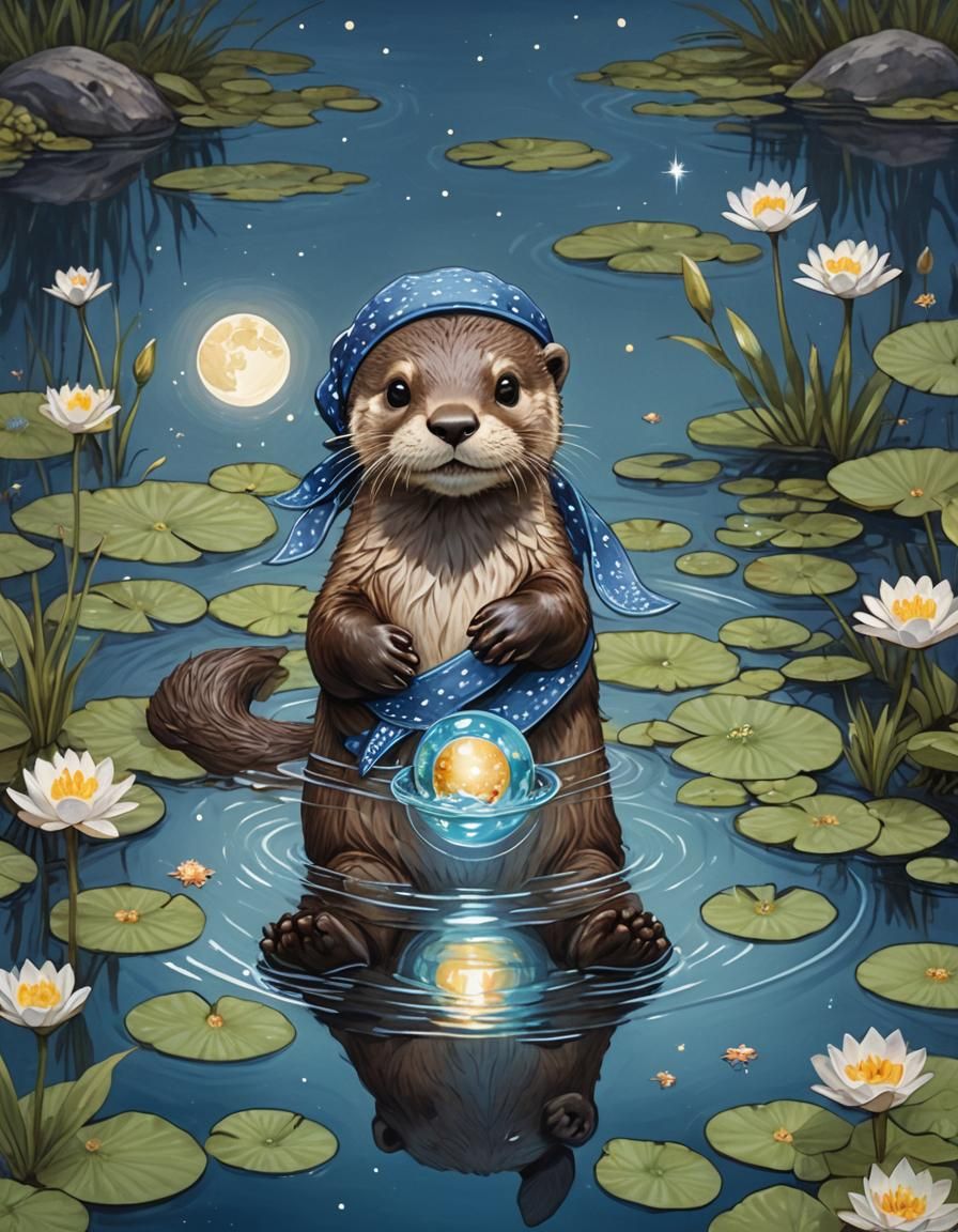 Playful Otter with Glowing Orb in Moonlit Pond