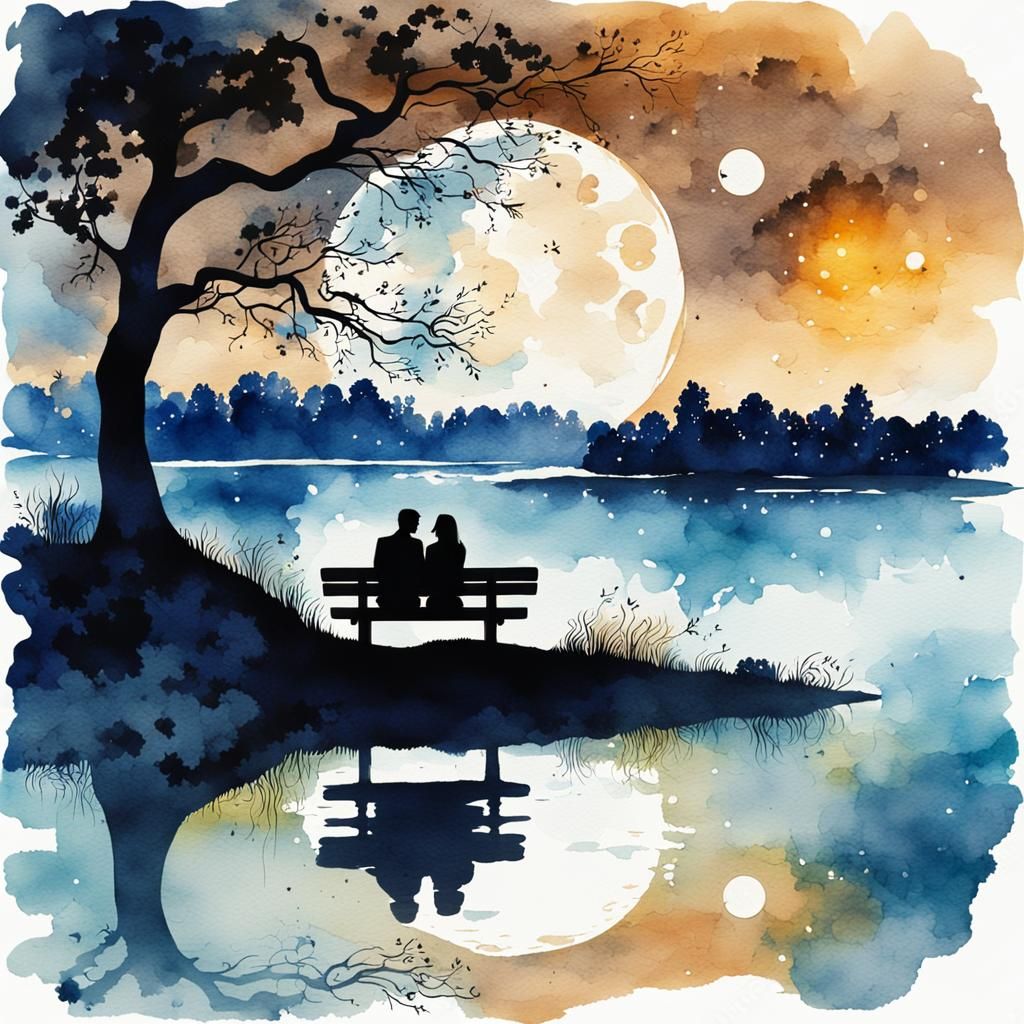 Romantic Moonlit Lake: Couple Silhouette in Watercolor