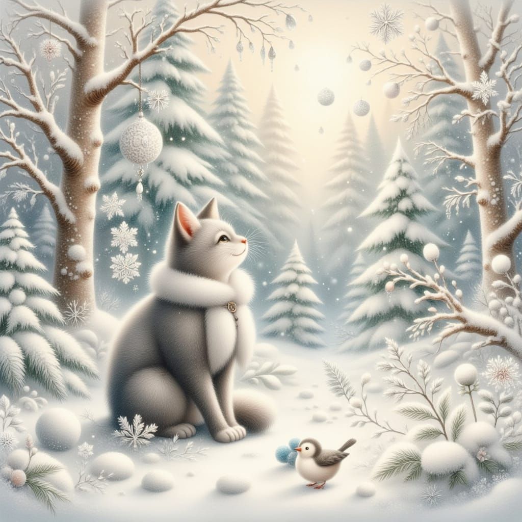 Dreamy Winter Forest Scene with Cat and Bird